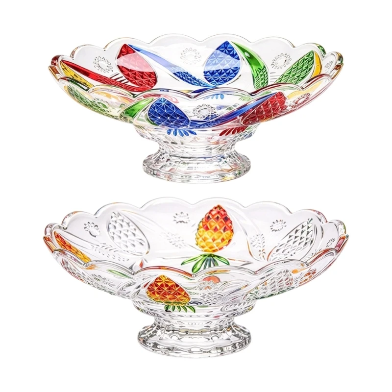 Glass Fruit Serving Bowl with Relief, Curved Border, and Footed Base for Candy, Fruit, and Small Pastries