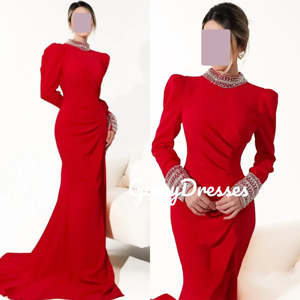 Party Dresses Customize Mermaid Scoop Neckline Zipper Up Elegant Party Dresses For Women Beadings Long Sleeves Floor-Length Dres