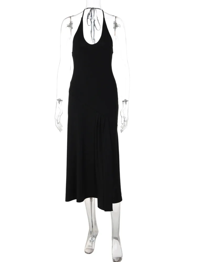 Mozision Halter Deep V Neck Sexy Midi Dress Women Elegant Black Sleeveless Backless Ruched Flared Hem Club Party Long Dresses view 6