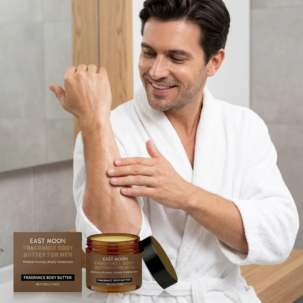 EAST MOON Fragrance Body Butter For Men, moisturizes skin, makes it smooth and hydrated, refreshing and non-greasy.