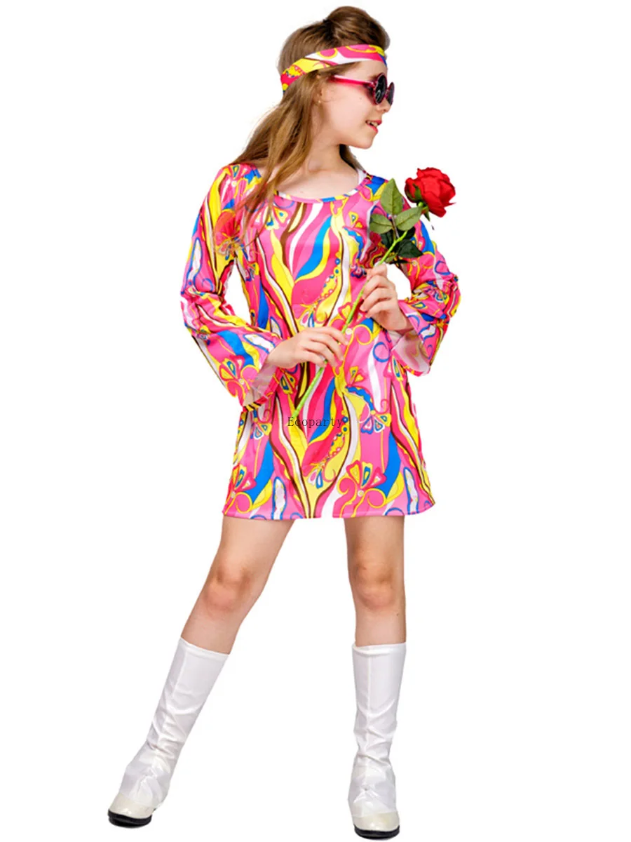 Groothandel Meisjes 60S 70S Hippie Jurk Halloween Cosplay Kleding Kids Fancy Dress Disco Kostuum Party Kinderen Purim Outfits Pak