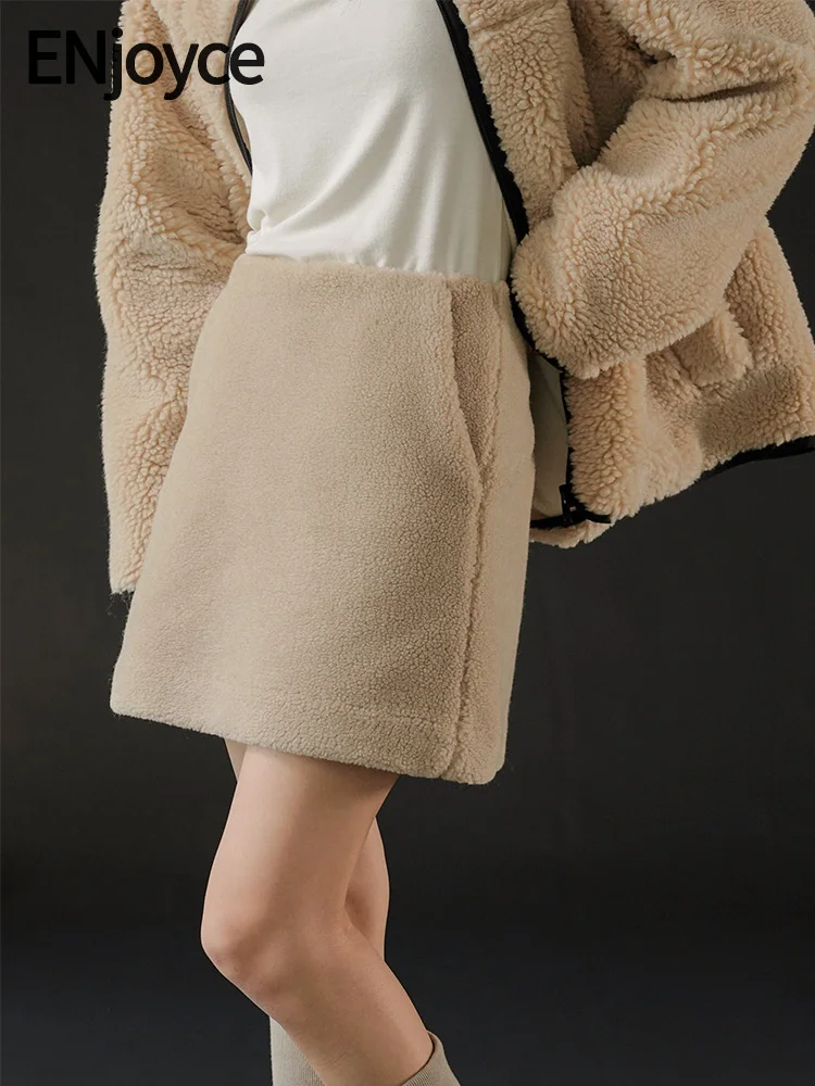 

ENjoyce Winter Women Vintage Warm Lamb Wool A-line Half Skirts Korean Fashion High Waist Furry Fluffy Short Skirt Streetwear