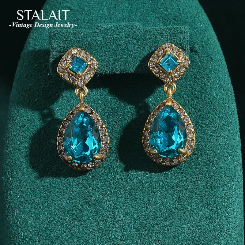 

Vintage Sea Blue Crystal Earrings Water Drop Antique Jewelry Square Woman Charm Gold Color Luxury Brand Accessories New 2025