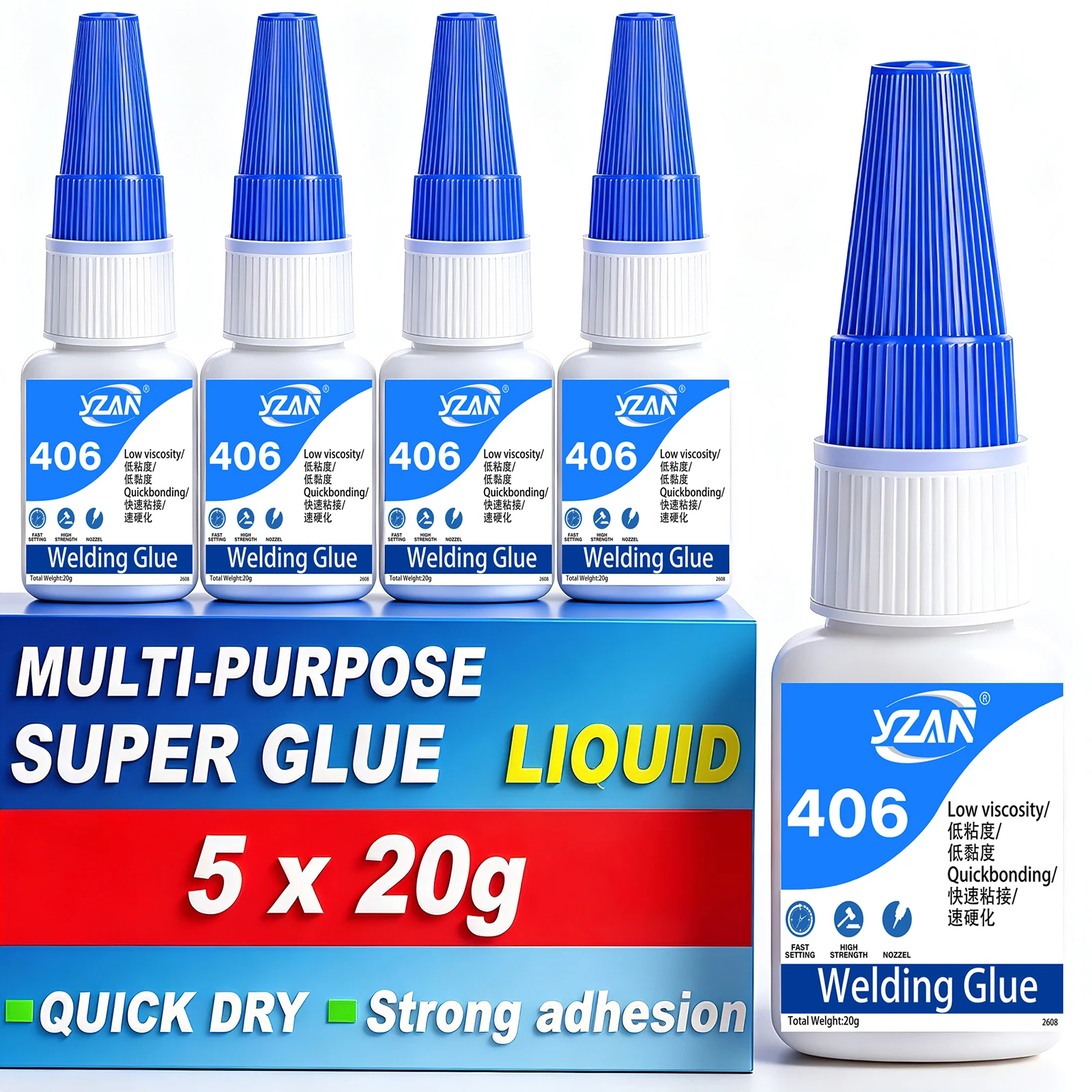 1–5 Stück 406 Superkleber, sofort stark haftender Kleber, schnell trocknend, Hydroacrylat-Kleber für Leder, Gummi, Holz, Metall, fester Kleber