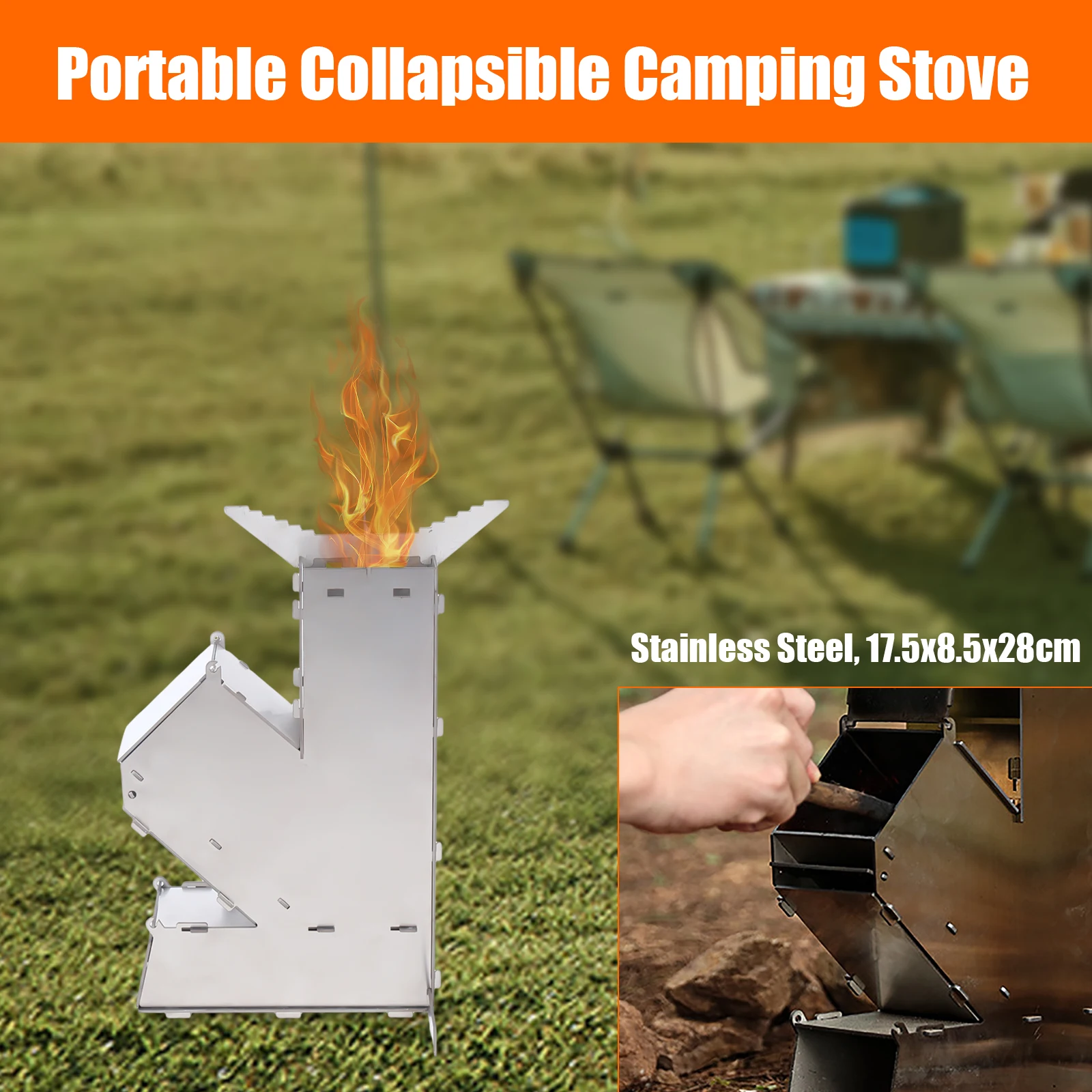 

Portable Collapsible Camping Rocket Wood Stove Stainless Steel Tent Oven Outdoor Collapsible BBQ Rocket Stove Wood Burning