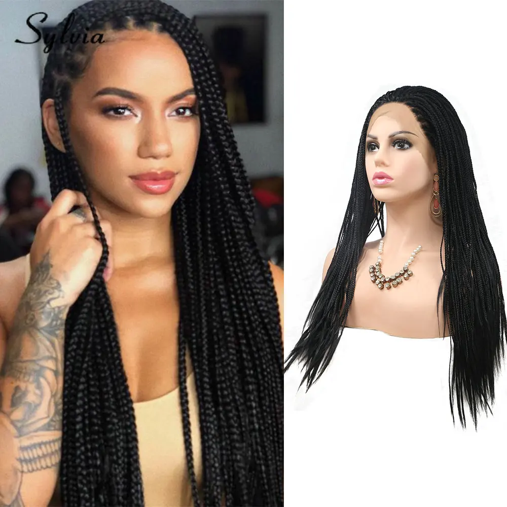 Natural Black Braided Wig Synthetic Lace Front Wig for Black Women Crochet Box Wig Braid 24 Inches Knotless Box Braids Wigs 1B#