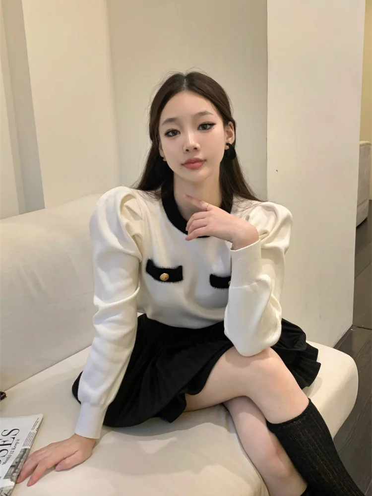 Women Contrast Sweaters Puff Long Sleeve Knit Tops 2024 Autumn Winter Korean Cropped Sweater Fashion Y2K Pullovers Chic Clothes