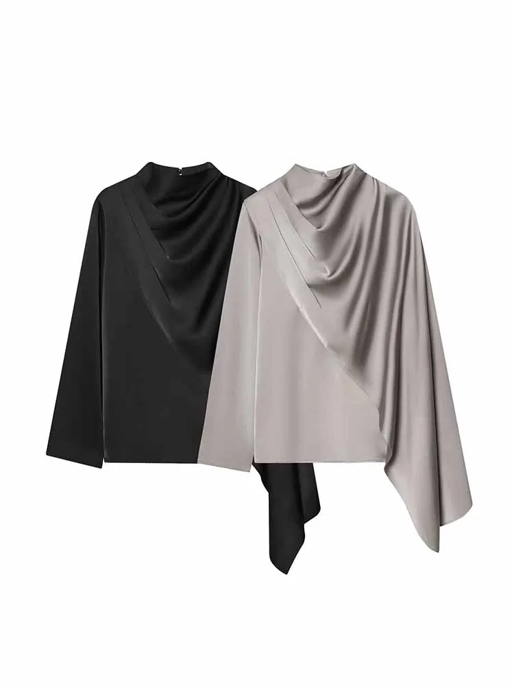 

Зимний новый женский повседневный и элегантный простой универсальный шаль с воротником-стойкой в европейском и американском стиле, шелковый атласный топ