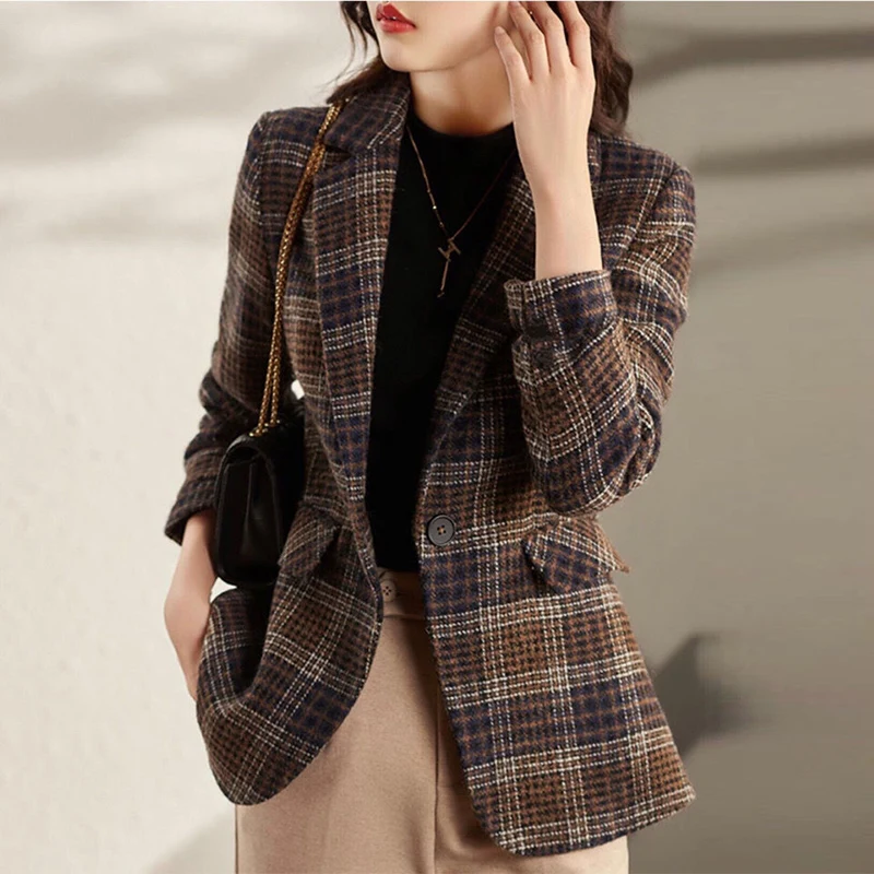 Autumn Winter Women\'s Vintage Plaid Printing Casual Fashion Blazers Female Slim All-match Woolen Jacket Ladies Elegant Coat Suit