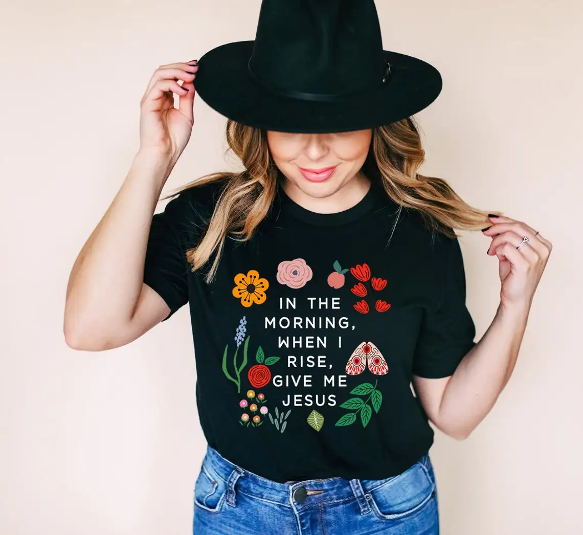 colored in the morning when i rise give me jesus tshirt retro women graphic Christian bible tee shirt