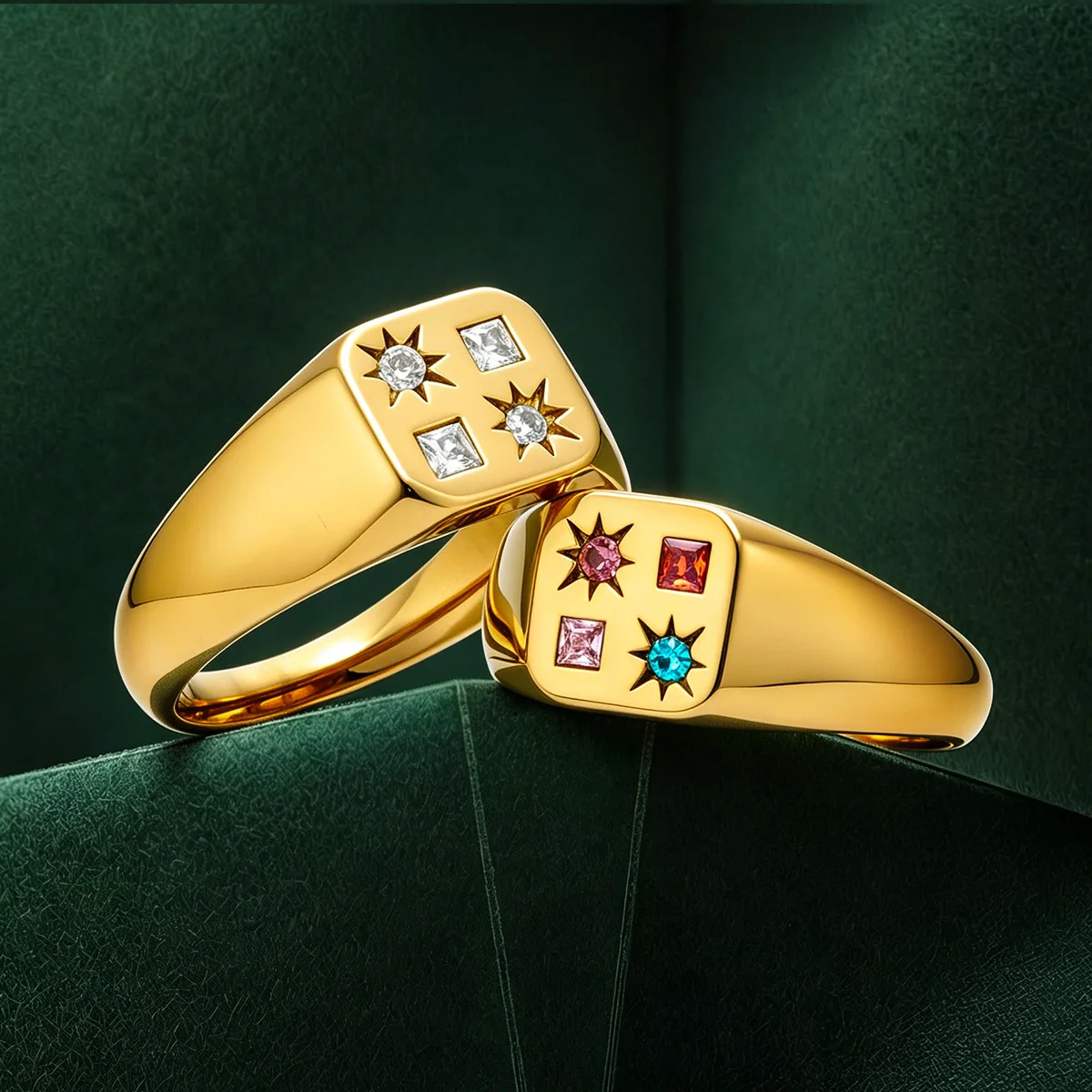 

Colorful Zircon Stainless Steel Women Ring Gold Plated Starburst Design Luxury Statement Jewelry Non-tarnish Daily Wear Gift