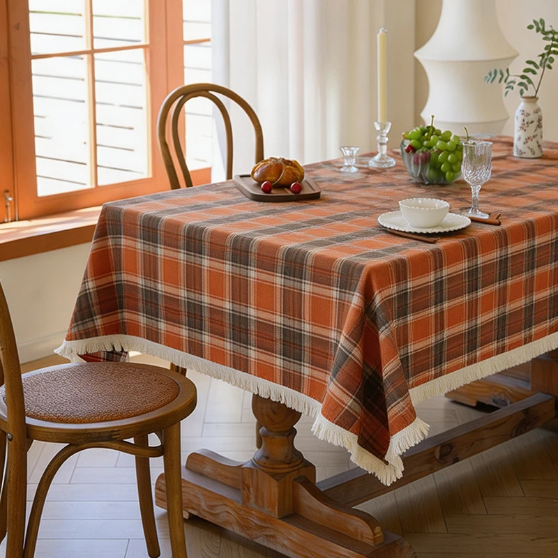 1Pc Retro Red Brown Grid Fringe Edge Tablecloth, Table Cover, Home Restaurant, Western Dining, Homestay, Coffee Shop Decoration