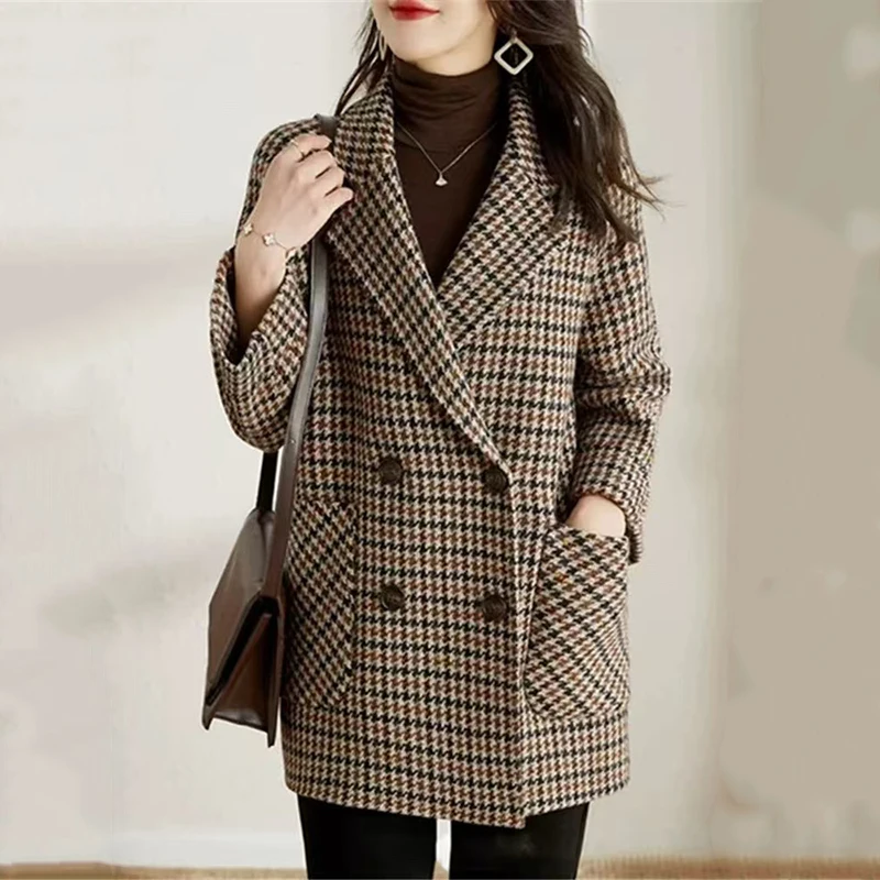 Vintage Houndstooth Wool Blazer Women Winter Thick Warm Double Breasted Lapel Coats Y2K Korean Loose All-Match Blends Outerwear