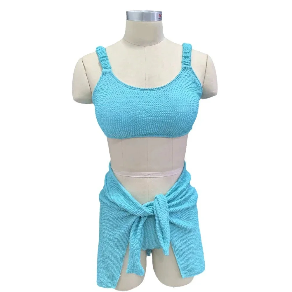 Neues 3-teiliges Bikini-Set, grüner Badeanzug für Damen, Bandeau-Sportbadebekleidung mit Sarong-Röcken, Vertuschungen, Strandkleidung, koreanischer Badeanzug