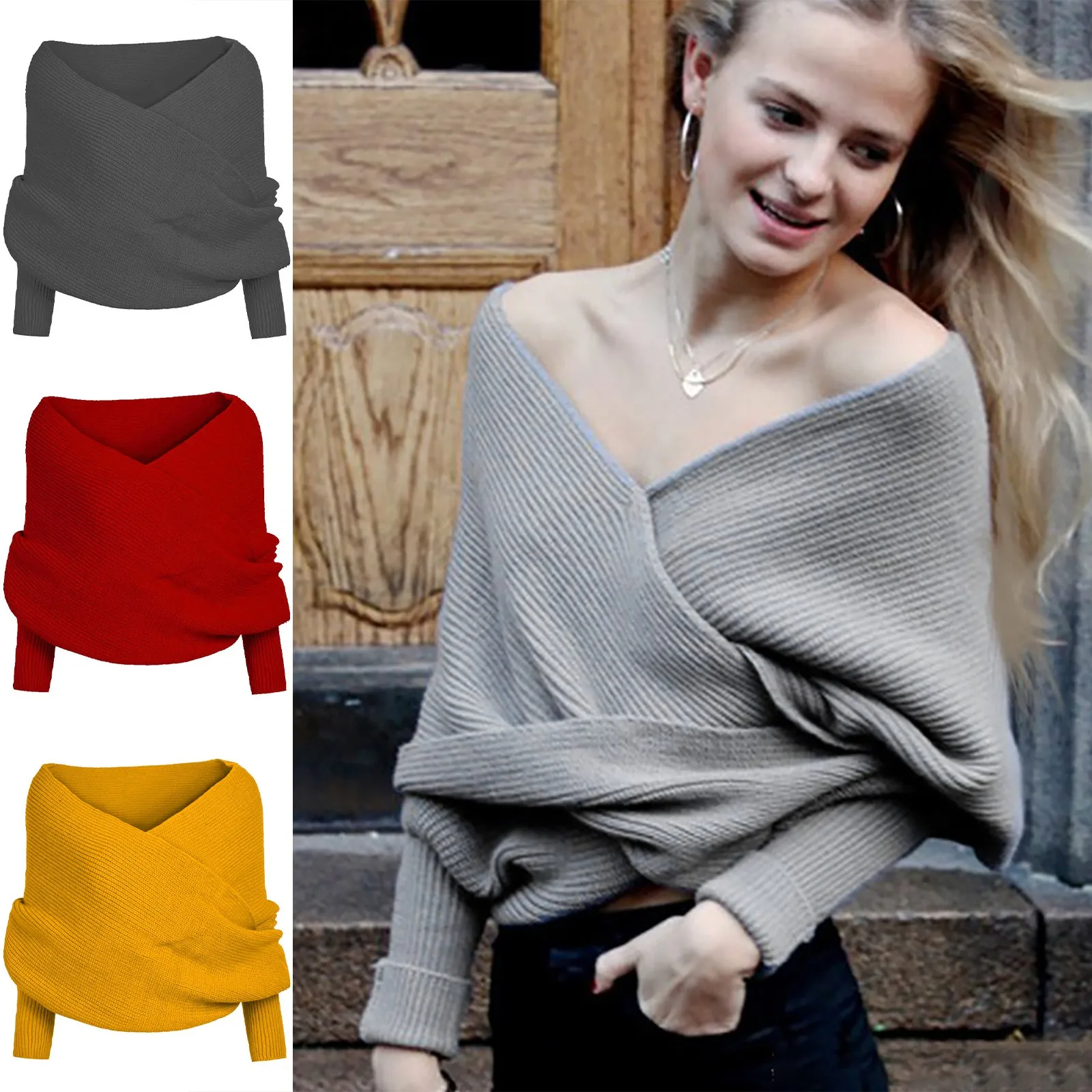 Women's Multi Functional Scarfs V-neck Cross Cut Off Shoulder Sexy Wrap Shawls Winter Warm Solid Color Knitted Scarfs For Female