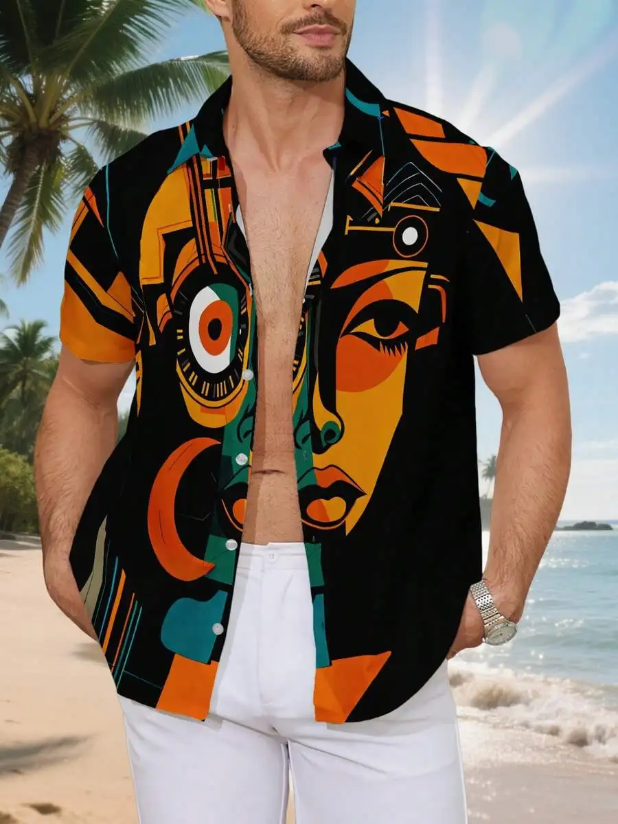 

Abstract Geometric Face Print Mens Short Sleeve Casual Button Down Shirt Beach Fashion Top