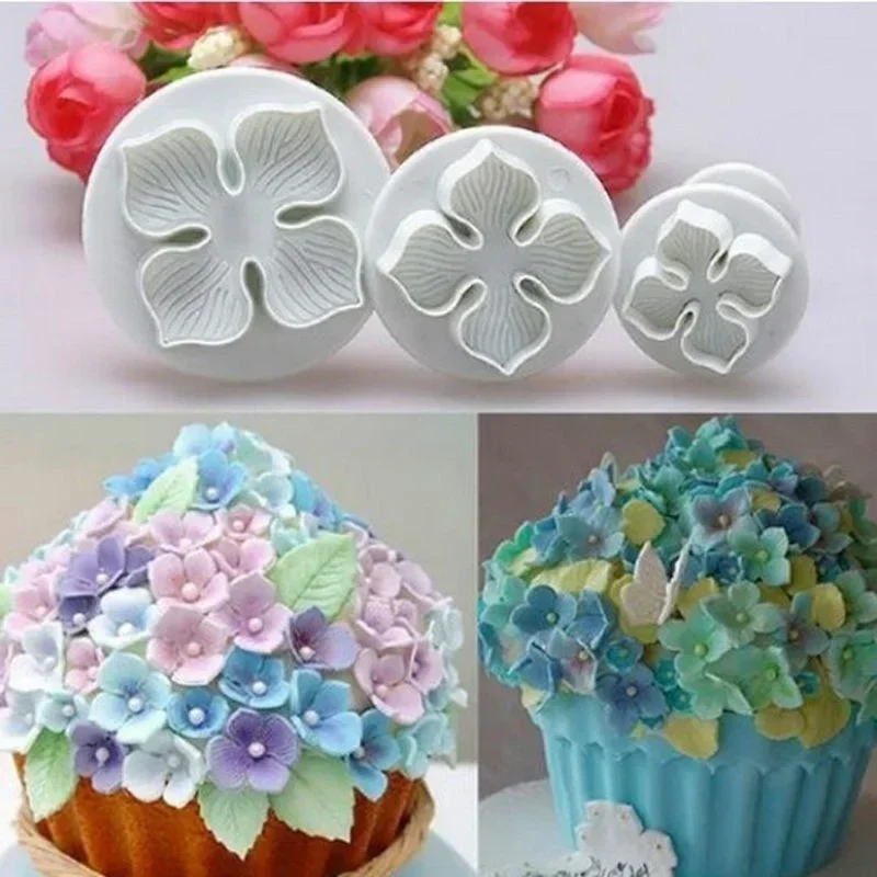 

3Pcs/Set Silicone Hydrangea Fondant Cake Decorating Plunger Cutter Flower Blossom Mold Home Cake Tools