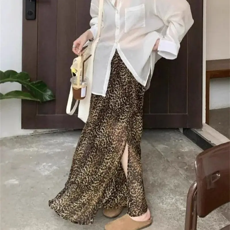 

New Summer Chiffon Long Skirt Women Fashion Leopard Print High Waist Split A-line Vintage Skirts Streetwear Y2k Casual Clothing