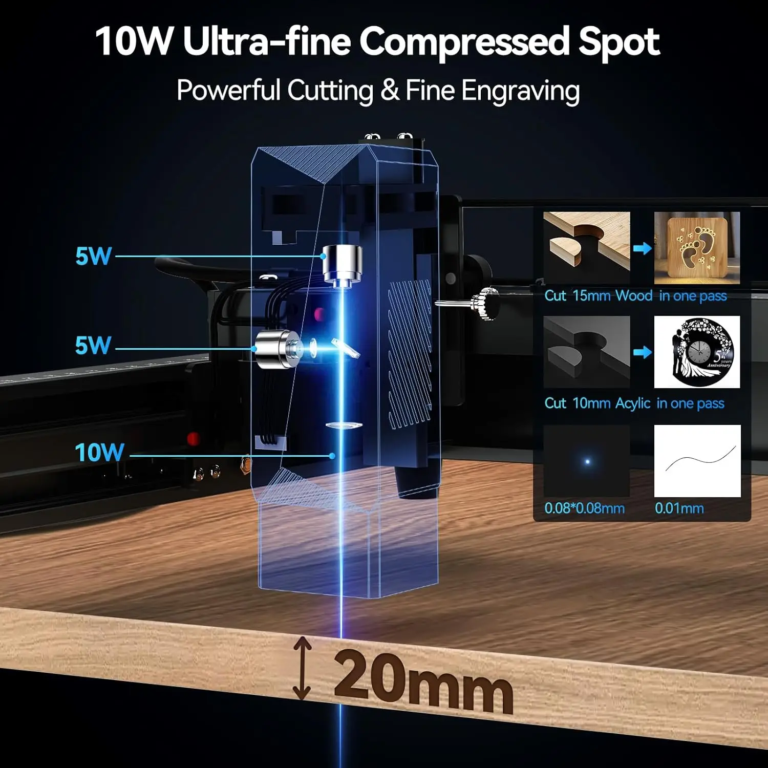 Laser Engraver, Jl7 60W Cutter 10W Output And Engraver And Laser Cutter Machine App Supported, 0.01Mm High Accuracy