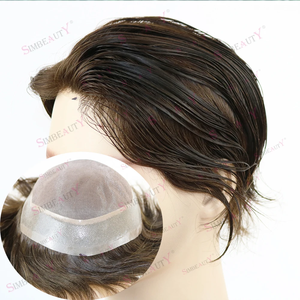 Durable Men Wig Human Hair Toupee Mono Lace Top With Skin Pu Base Hairpieces Male Hair Prosthesis Straight Replacement System