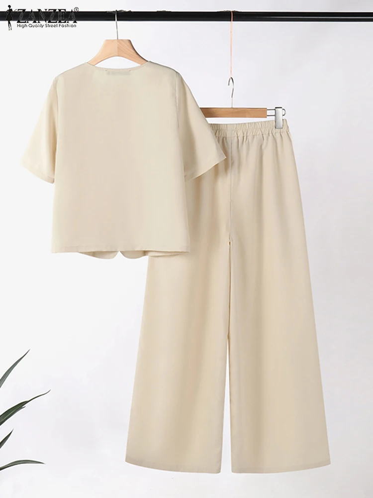 ZANZEA Fashion Square Collar Short Sleeve Shirt Pant Sets Casual Wide Leg Trouser Top and Pant 2pcs Outfits Korean Elegant Suits