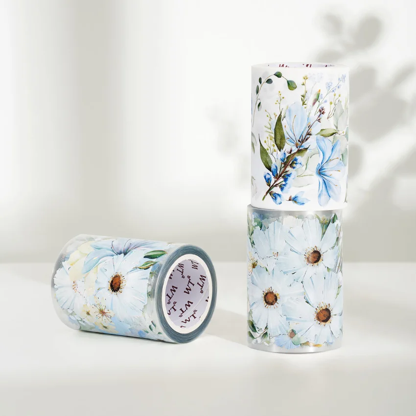 

WT New Serene 6.5cm Wide Blue Flower Bronzing Shielding PET Tapes Lovely Floral Washi Tapes Papeleria Aesthetic Art Supply