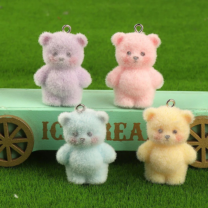 DW62 2pcs 20x35mm 3D Flocking Bear Resin Charms Cute Bear Animal Pendant for Earrings Keychain Making DIY Jewelry Accessories