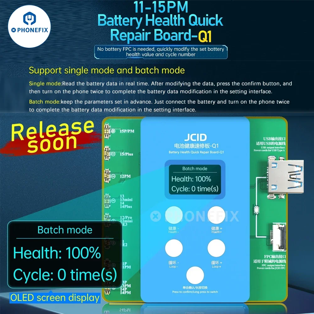 

JCID Q1 Battery Calibrator Health Quick Repair Board For iPhone 11 12 13 14 15 ProMax Modify Battery Data Tool No External Cable