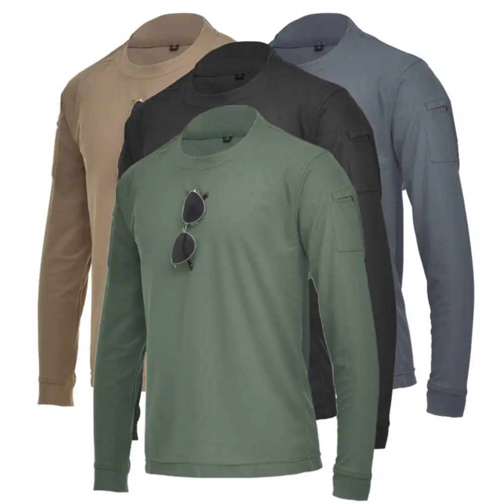 Men Casual Long Sleeve O Neck Sweat Absorbent Pockets Loose Pullover T-shirt Outdoor Hiking Climbing Training Military T Shirt