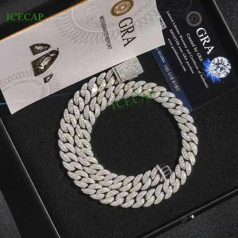 

Ювелирные изделия, 12 мм, полный лед, хип-хоп, Vvs, муассанит, кубинская цепочка, стерлинговое серебро, 18-каратное белое золото, кубинское ожерелье с покрытием