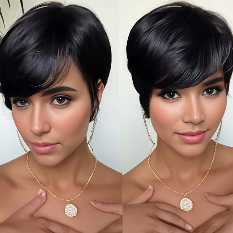 

Короткий парик с стрижкой пикси, человеческие волосы для женщин, парики машинного производства с челкой, цветные парики