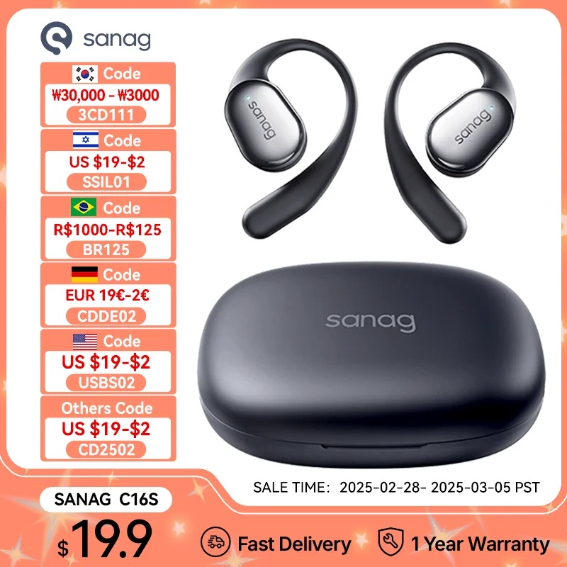 Sanag C16S Bluetooth 5.4 Cuffie senza fili Auricolari aperti OWS Auricolari audio HiFi Controllo APP Auricolari TWS 8 ore di riproduzione