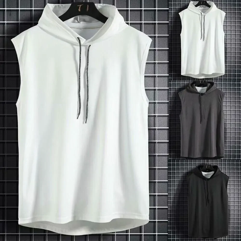 

Casual Solid Color Men Gym Sleeveless Hoodie Sweatshirt Elastic Men Tank Top Plus Size Fitness Hoodie Vest