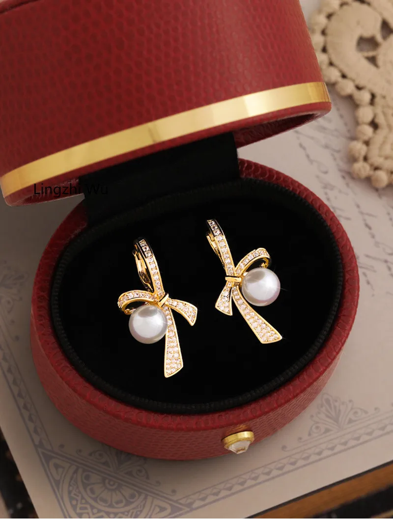 Lingzhi Wu Full of Diamonds Three-Dimensional Bow Pearl Earrings Luxury Top Quality Stud Earrings New Arrival