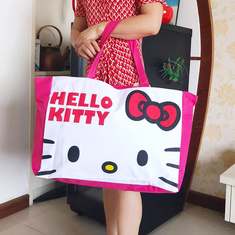 

New Hello Kitty Cartoon Fashion Canvas Bag Portable Waterproof Travel Bag Large Capacity Foldable Shopping Shoulder Mummy Bag