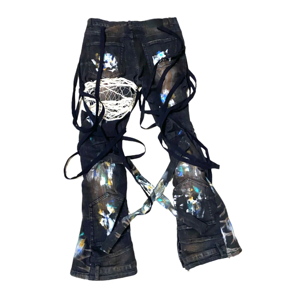 블랙 그래피티 찢어진 태슬 스트랩 남성 청바지