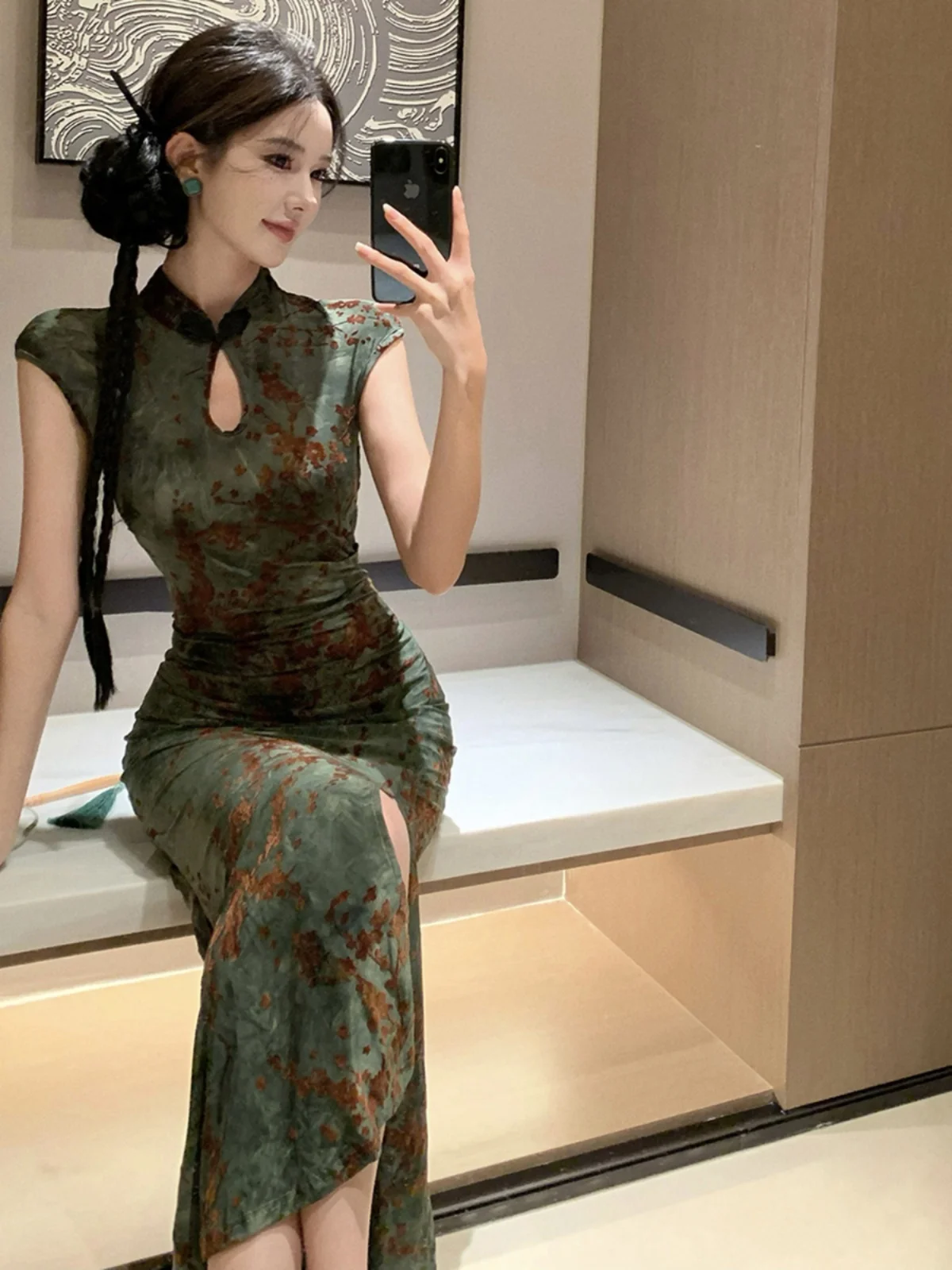 

Модное женское платье в китайском ретро-стиле с высоким разрезом, повседневное, с цветочным узором, из полиэфирного волокна