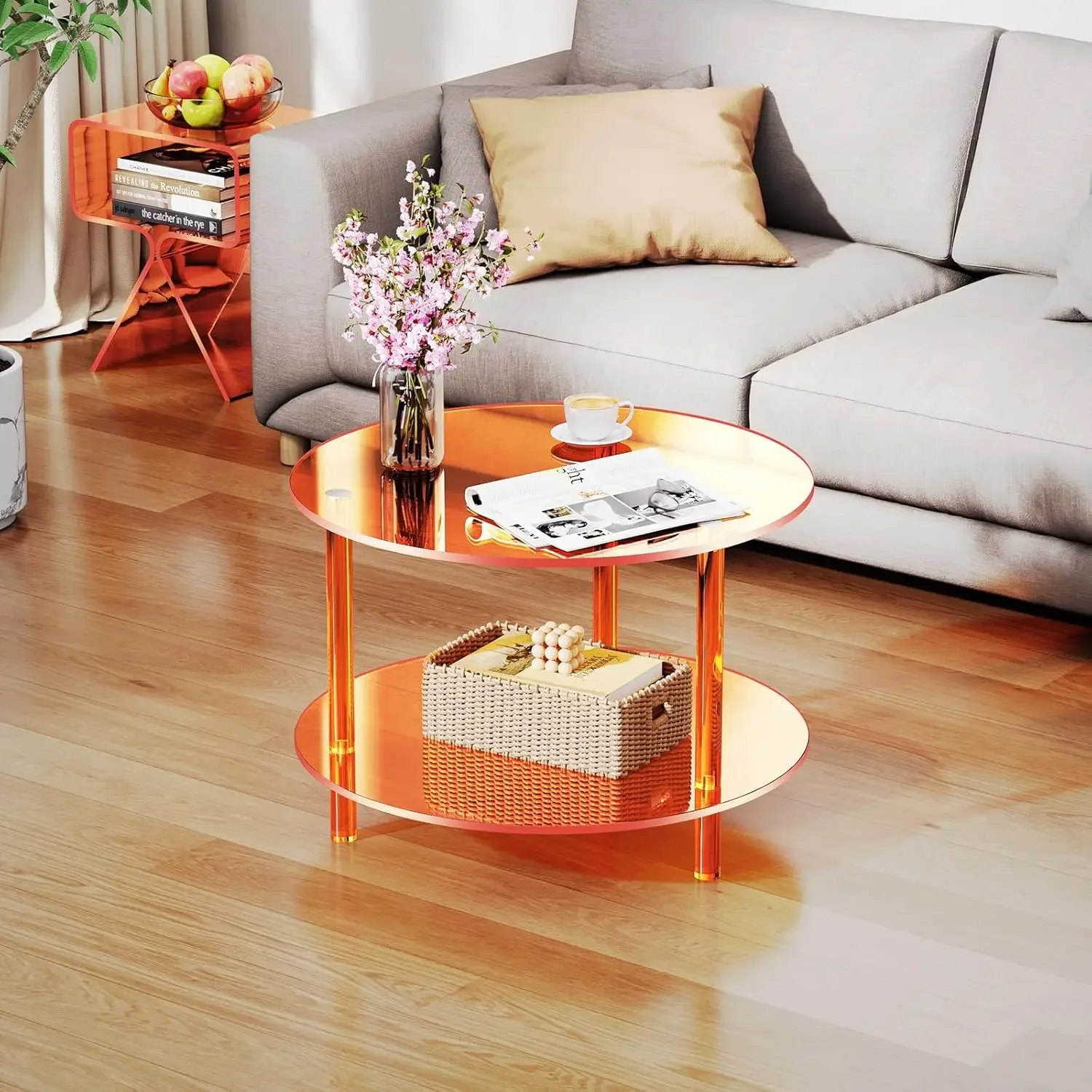 Acrylic Coffee Table, Small Round Modern Coffee Table for Living Room,23.6