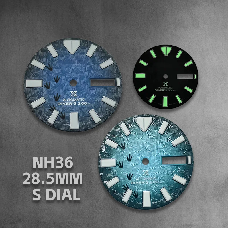 

NH36 dial 28.5mm S logo, green luminous, dual calendar, suitable for NH36 movement, mechanical watch modification parts