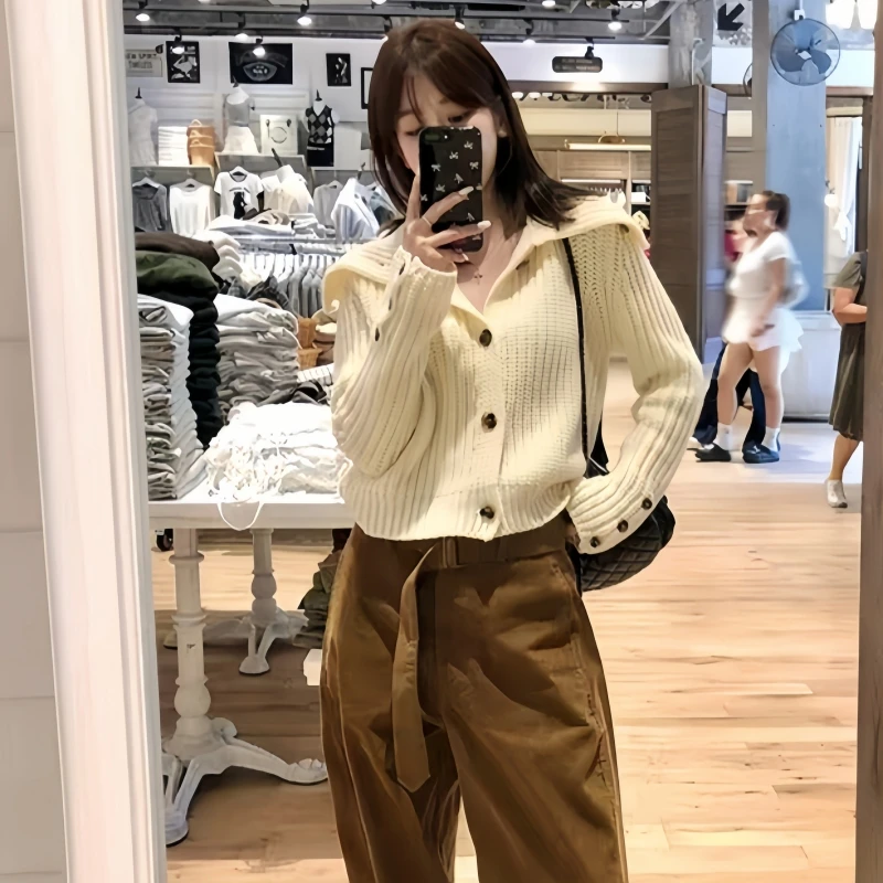 

Элегантный корейский стиль, кардиган с высоким воротом, женский осенне-зимний мягкий вязаный свитер с открытой передней частью, пальто, свободная универсальная верхняя одежда