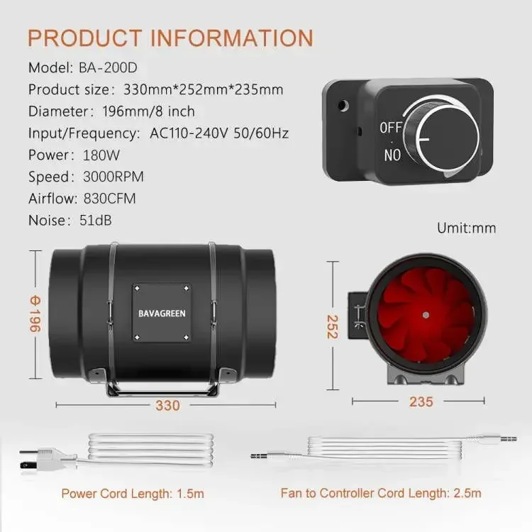 2 8 inches Top 180W In-line Duct Fan with Virable Speed Controller 830CFM powerful EC Motor Quiet Ventilation Exhaust Fan