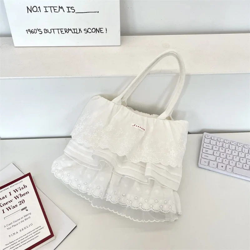 

2025 Lace Tote Bag for Schoolgirl White Soft Layered Ruffle Shoulder Bag Large Capacity Bag Aesthetic Cottagecore Cloth Purse