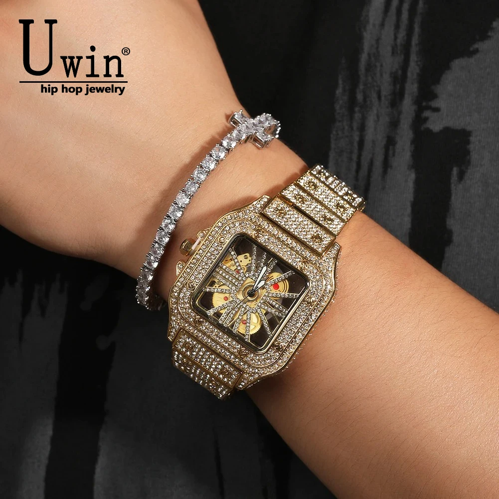 

Uwin Iced Out Men's Watch Square Dial Quartz Luxury Brand Automatic Wrist Watches Skeleton Clock Hiphop Relogio