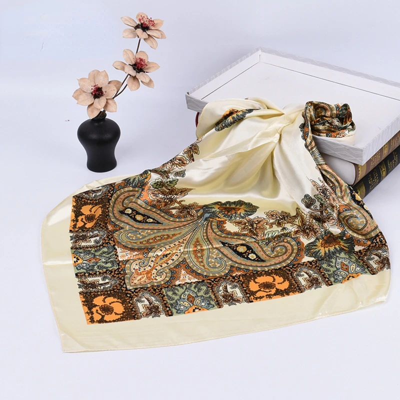 Heitou Square Scarf Classic Retro Shawl Printed Towel Scarf Bandana Foulard Silk Wraps 90CM  Luxury Pashmina Neckerchief Hijab