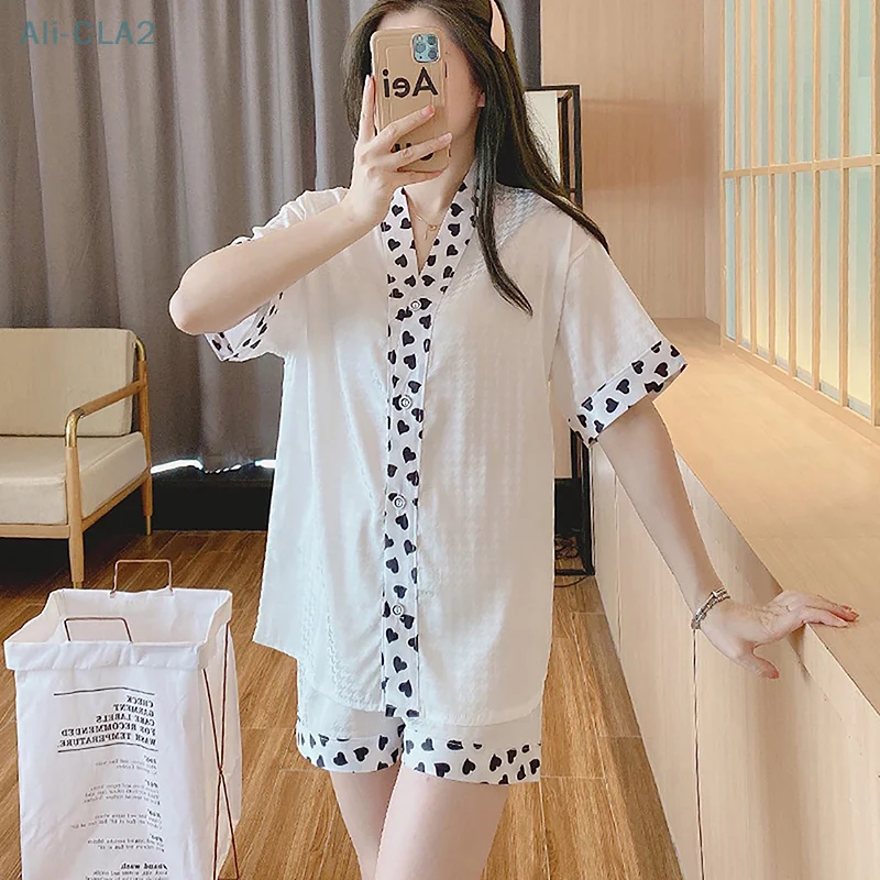 Summer Short-sleeved Ladies Pajamas Set Simple Women Casual V-neck Sleepwear