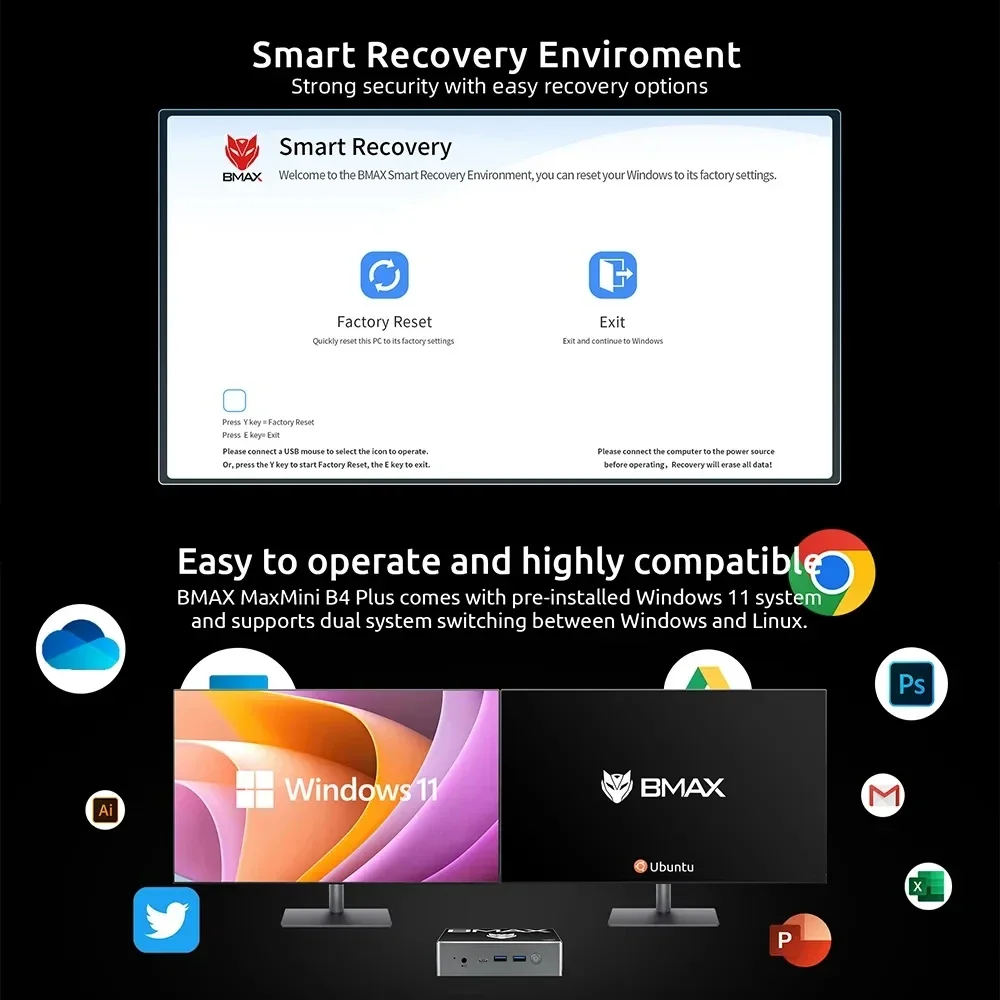Mini PC BMAX-B4 Plus con Windows 11,Intel N100,16Go,512Go,SSD,2 x HDMI, 1 x tipo C, soporta carga 4K @ 60Hz,750MHz exploración Intel UHD