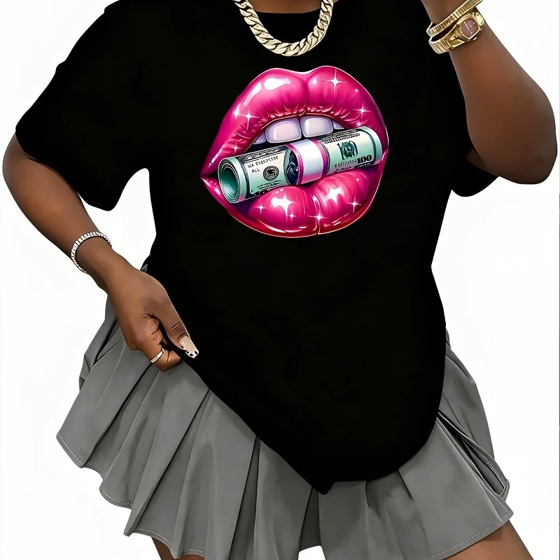 Glossy Lips & Dollar Bills Women's T-Shirt 100% Cotton Fun Print Short Sleeve Top Casual Round Neck Tee S-5Xl