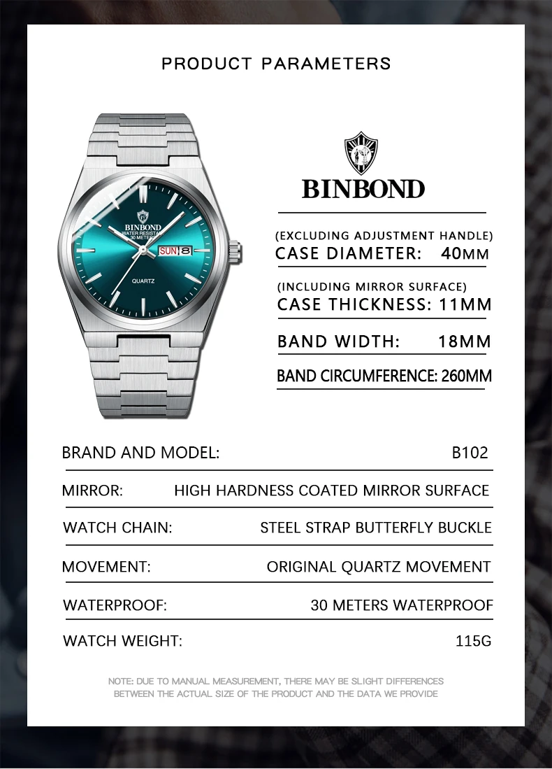 BINBOND Fashion 102 Men Business Watch Leisure Quartz Stainless Steel Buckle Watches Waterproof Luminous Calendar Men's Watches