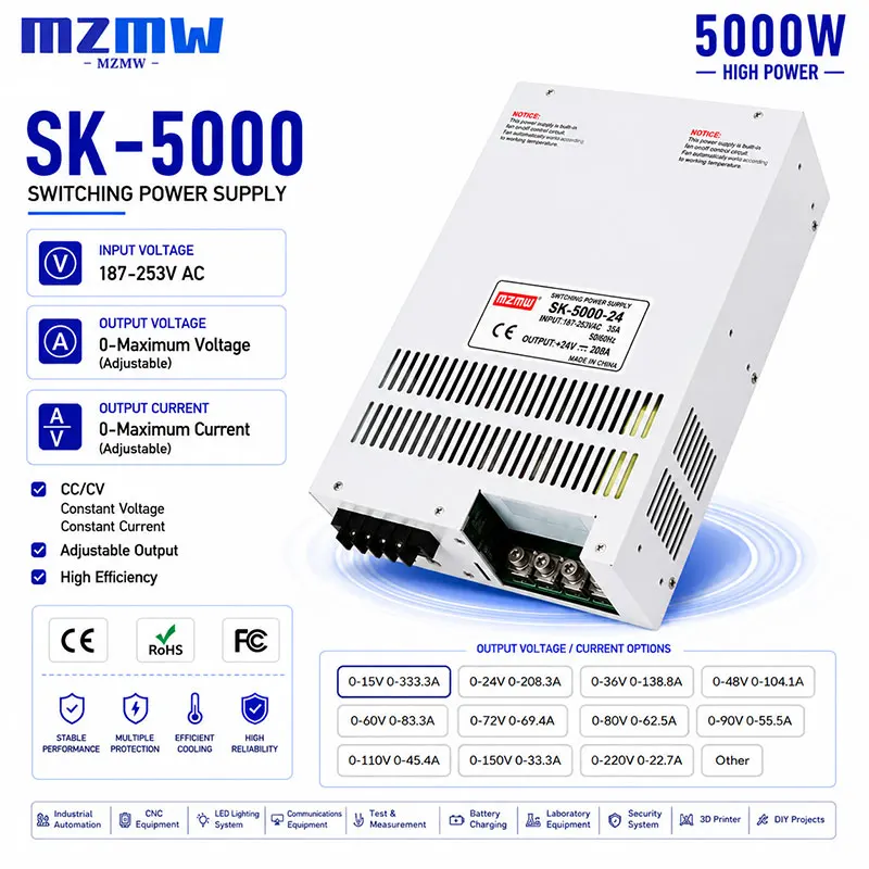 MZMW 5000W Adjustable Switching Power Supply AC DC CC CV 110V 220V 380V Input 0-24V 36V 48V 60V 72V 110V 220V Industrial SMPS CE