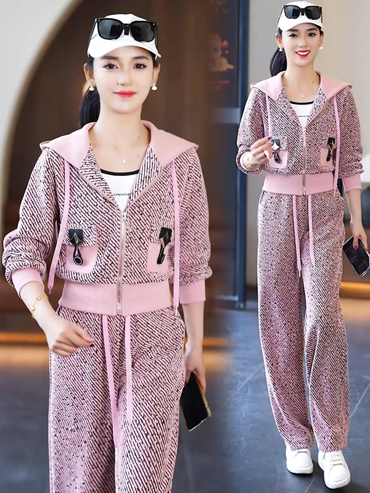 

Повседневный комплект спортивной одежды, женский весенне-осенний новый комплект, маленькое ветровое пальто, тонкие широкие брюки, комплект из двух предметов